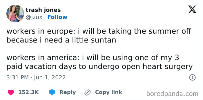 Tweet comparing workers in Europe taking summer off for suntan vs. American workers using paid leave for surgery, showing work memes relatability.