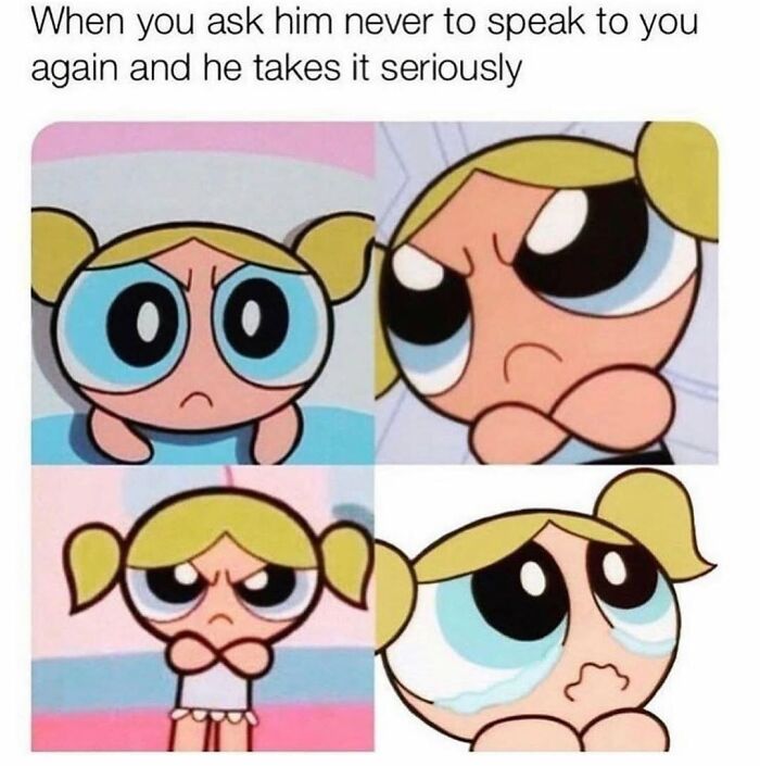 Cartoon character expressing angry and sad emotions, illustrating hilarious and relatable memes about relationships.