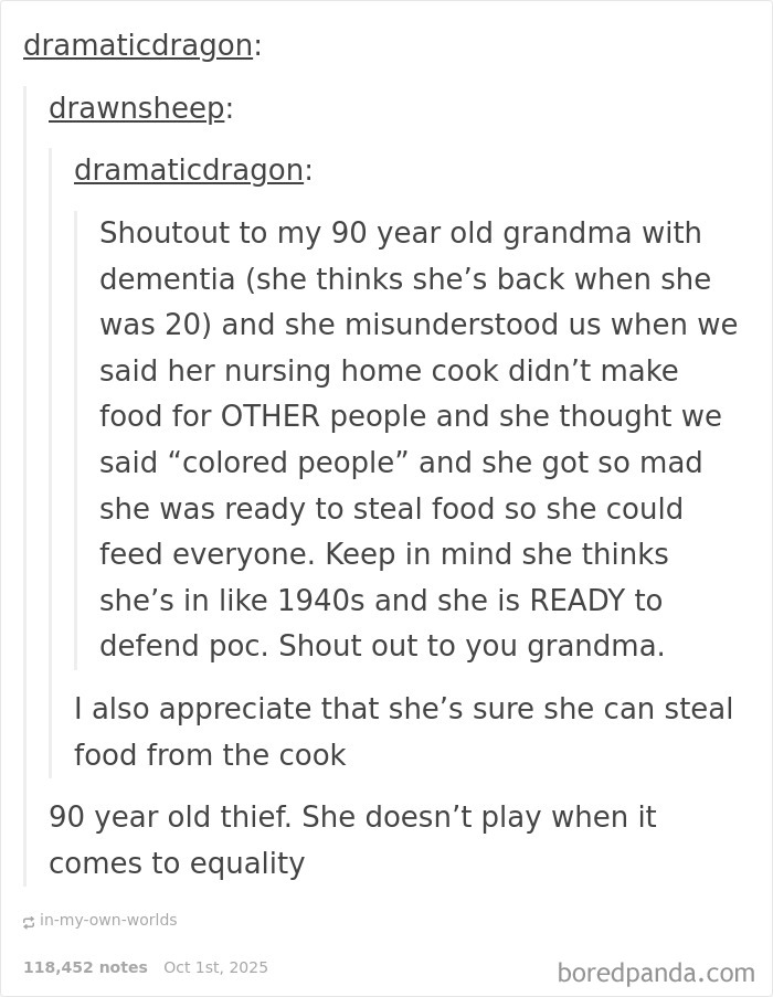Alt text: A story about a 90-year-old grandmother with dementia fiercely standing up for equality in her own chaotic good way.