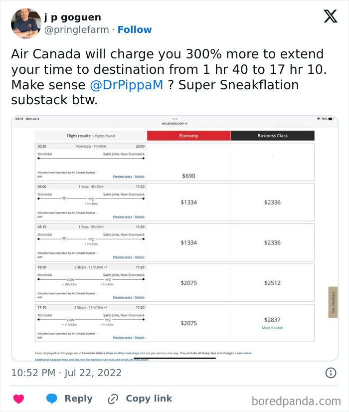 Tweet showing Air Canada flight prices with extreme fare increases for longer travel times, highlighting sneakflation examples in airfare costs.