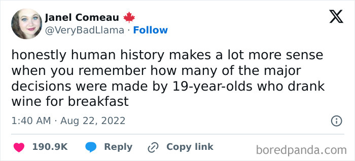 Tweet from Fight The Patriarchy page humorously reflecting on major historical decisions made by young adults drinking wine for breakfast.