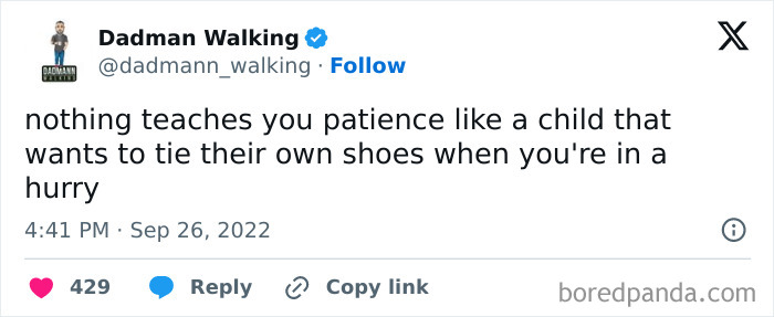 Screenshot of a funny tweet by a parent on X about the patience needed when a child wants to tie their own shoes.