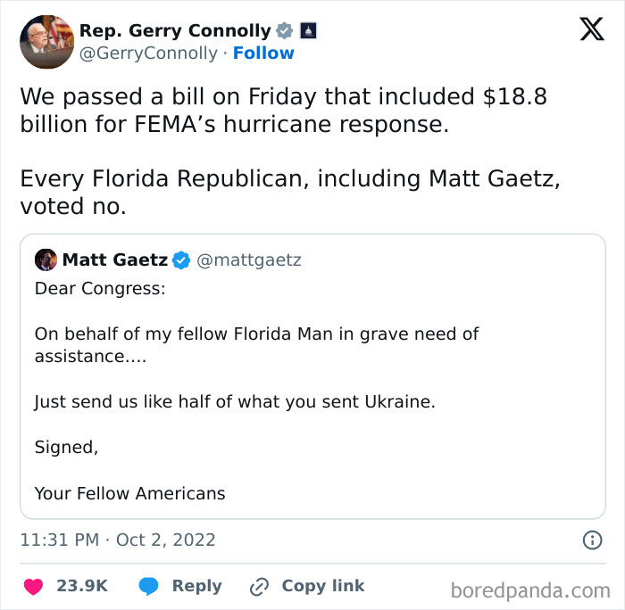 Tweet showing a facepalm moment about hurricane aid bill rejected by Florida Republicans including Matt Gaetz.