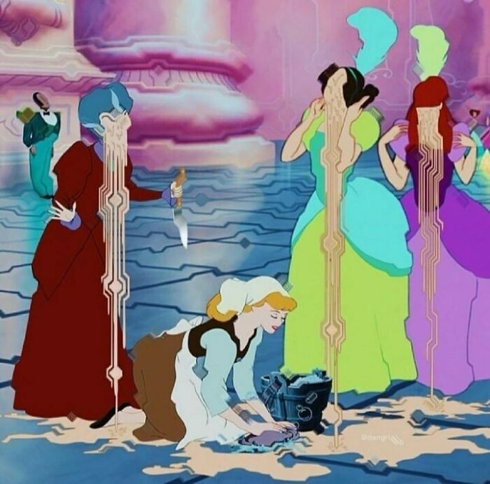 Animated scene of distorted characters with glitch effects, creating a confusing image where things only get weirder the longer you look.