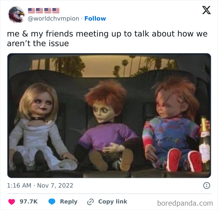 Three horror dolls sitting together with a funny tweet about friends shared on social media humor tweets.
