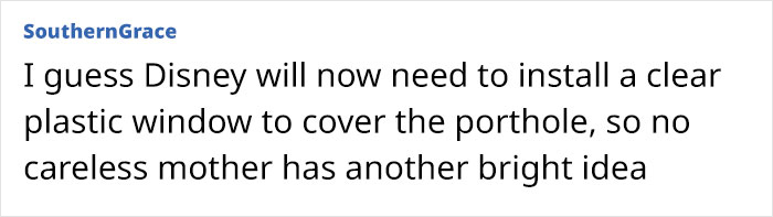Comment about mom's behavior leading to girl's terrifying plunge from Disney cruise ship discussing need for safety measures.