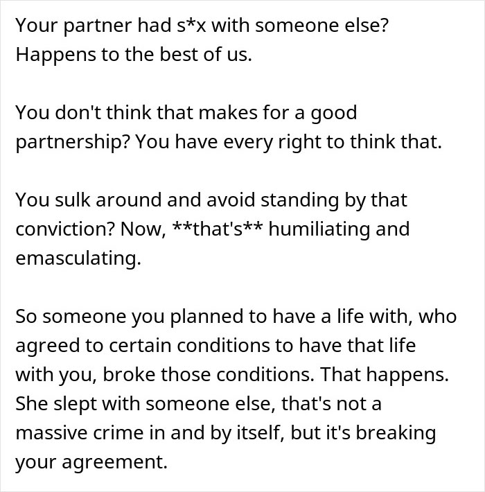 Text about relationship betrayal and partnership boundaries, discussing emotions after partner's infidelity and impact on agreements.