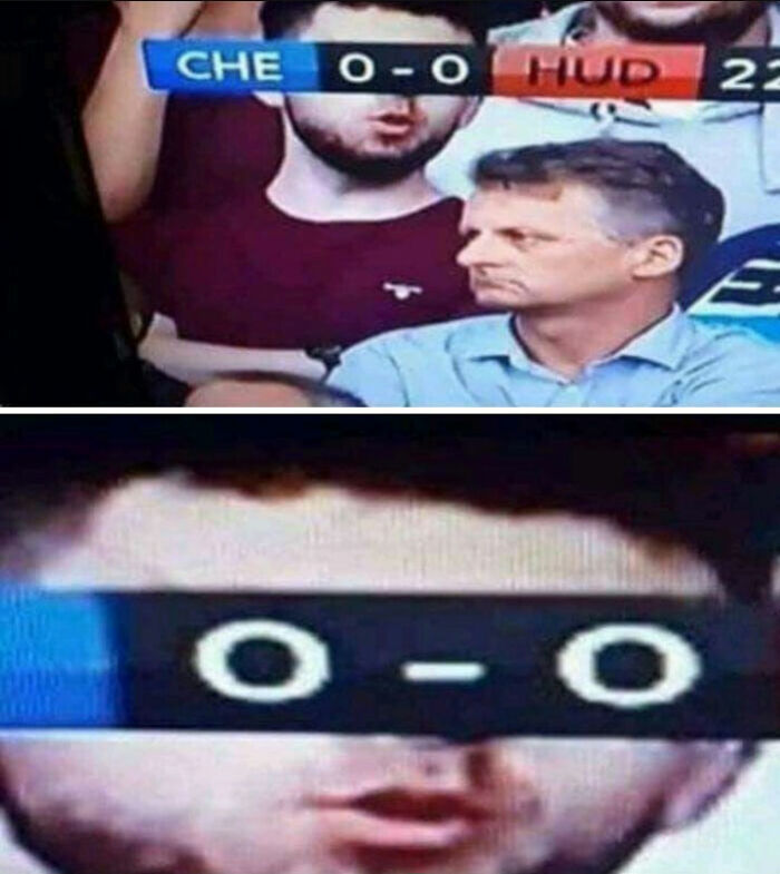 Man’s face humorously aligned with zero-zero score graphic in accidental comedy sports moment photo.