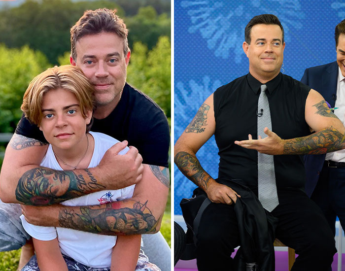 Two tattooed celebrities showing their ink in casual outdoor and television studio settings.