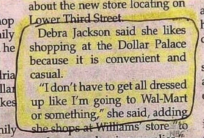 Excerpt from a newspaper about shopping convenience and casual attire related to Walmart.