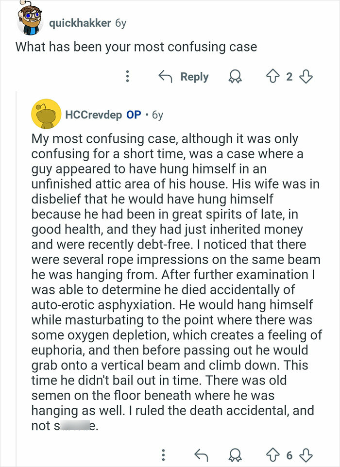 Alt text: Coroner sharing a confusing and unusual case involving accidental auto-erotic asphyxiation and detailed rope impressions.