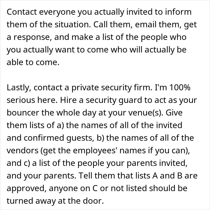 Text advice on handling wedding sabotage by parents, suggesting contacting guests and hiring security for the wedding venue.