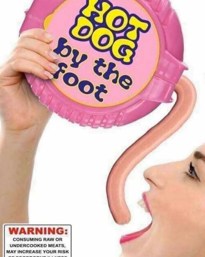 A confusing image showing a person about to eat a hot dog sausage extending from an oddly shaped pink container.