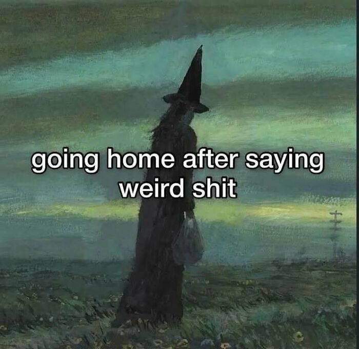 A dark figure in a witch hat walking alone in a gloomy field, capturing a confusing image where things only get weirder.