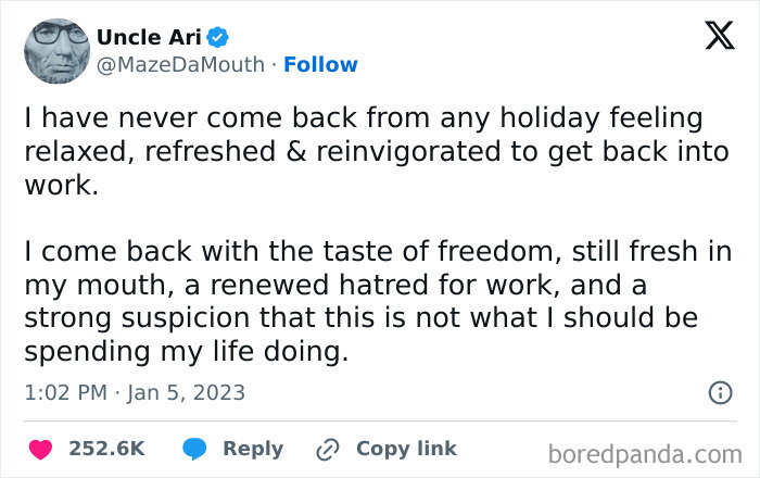 Work meme tweet about returning from holiday with renewed hatred and suspicion for work, capturing relatable work humor.