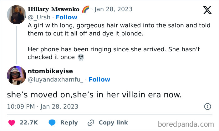 Really dumb tweets conversation about a girl dyeing her hair blonde and being in her villain era.