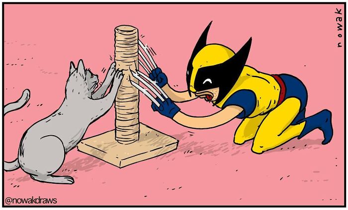 Humorous one-panel comic of a person dressed as Wolverine sharpening claws on a cat scratching post with a cat nearby.