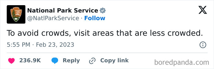 Tweet from National Park Service advising to visit less crowded areas to avoid crowds, featured in hilarious tweets shared online.