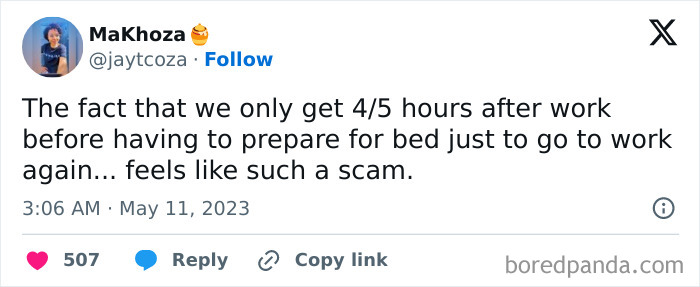 Tweet text about the relatable struggle of only getting 4-5 hours of rest before going back to work, shared on a work memes Instagram page.
