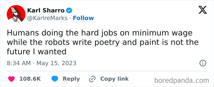 Screenshot of a tweet humorously criticizing robots writing poetry while humans do hard jobs, a funny Thunder Dungeon meme.
