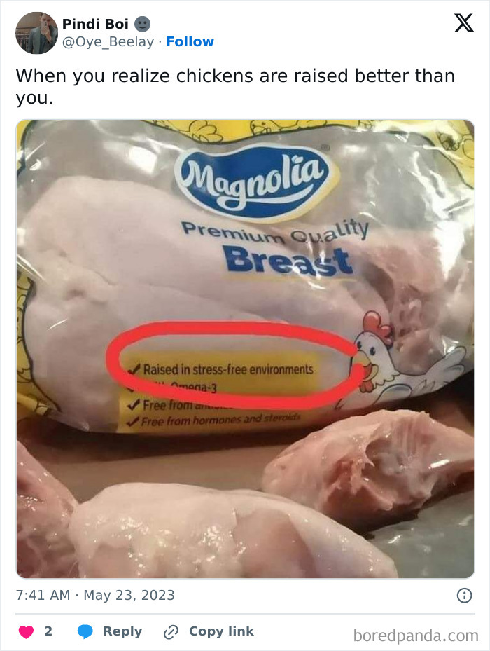 Raw chicken breast packaging highlighting stress-free raised label, humorously relating to serotonin boost and daily positivity.