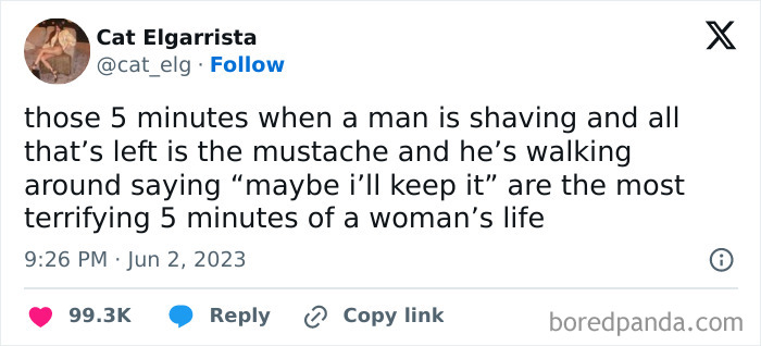Screenshot of a funny meme tweet about shaving mustaches, featured in Thunder Dungeon random memes collection.