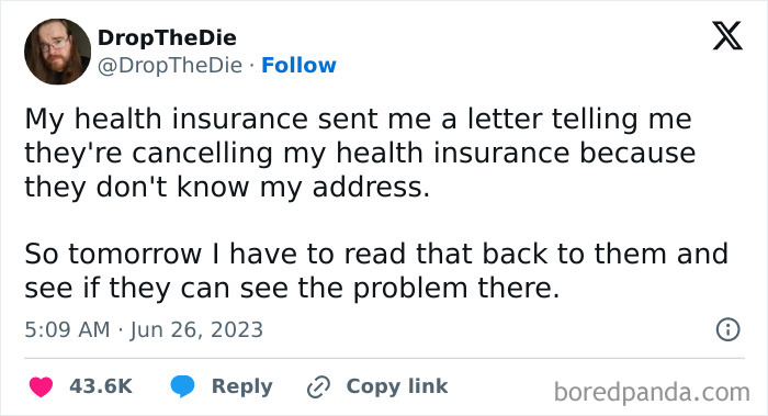 Tweet about health insurance woes illustrating harsh realities of American healthcare and challenges with coverage cancellation.