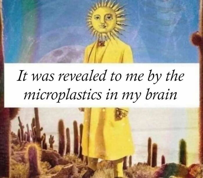 Surreal image of a sun-headed figure in a yellow coat with text about microplastics, part of confusing images getting weirder.