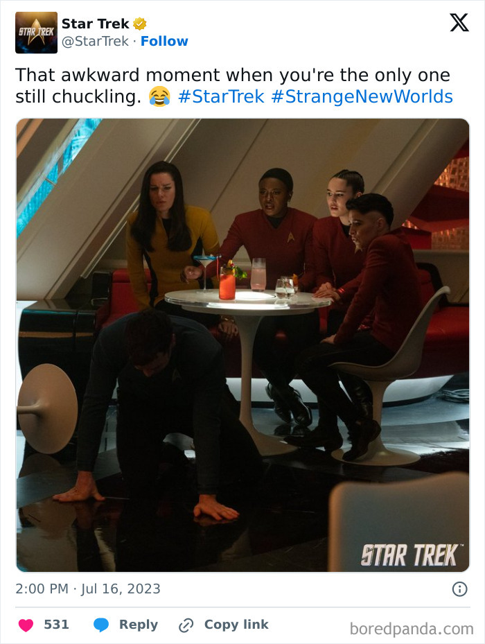 Star Trek cast in red and yellow uniforms showing awkward specific moments in our lives that aren’t original experience.