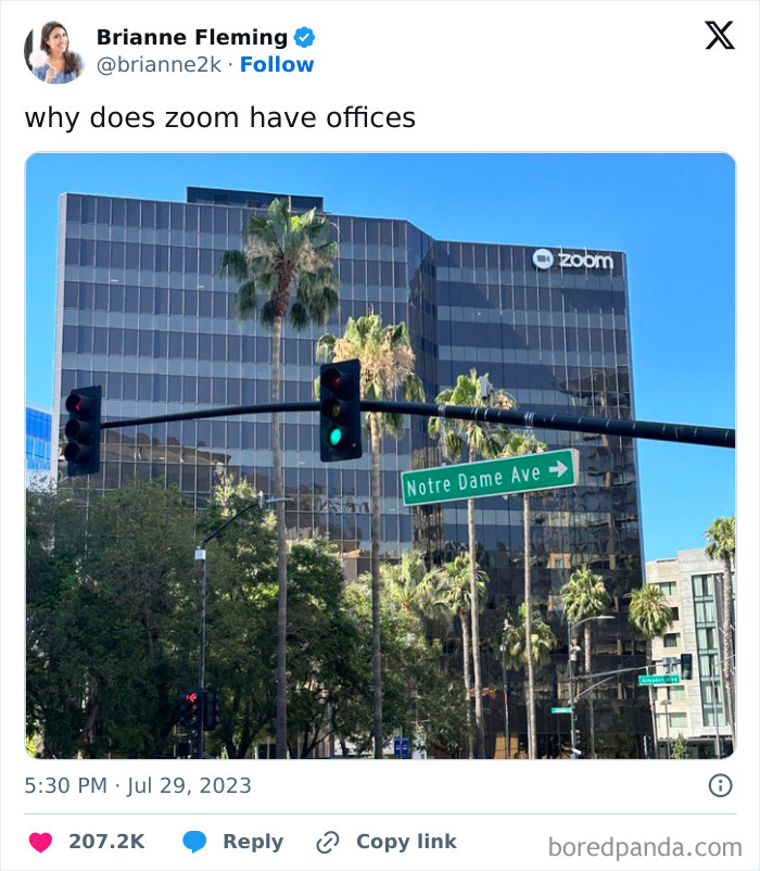 Tweet showing Zoom office building with palm trees and traffic lights, shared among hilarious tweets people couldn’t help but share.
