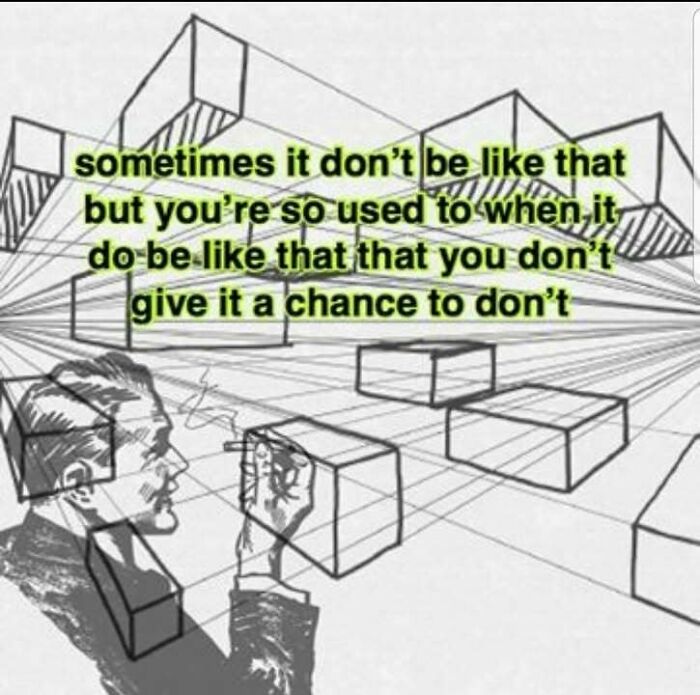 Confusing image of a man drawing perspective boxes with a highlighted quote about perception and mindset in abstract style.