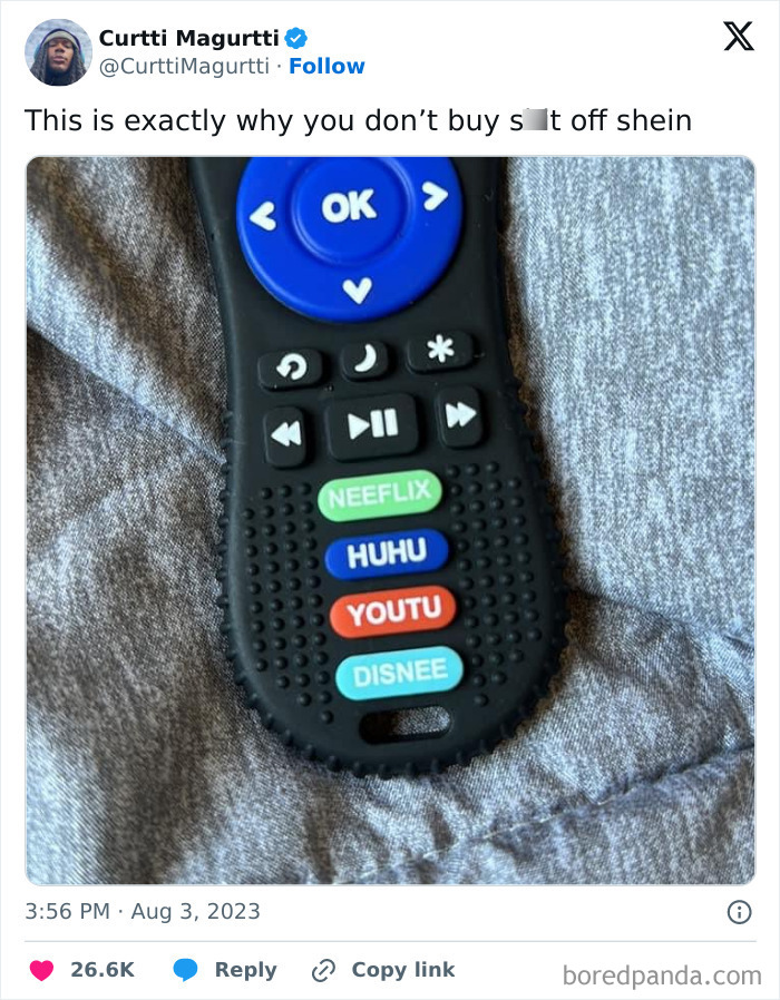 Remote control with misspelled streaming service buttons illustrating careless online shopping backfired humor.