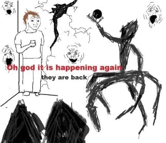 Sketch of a person in a corner with shadowy spider-like figures and eerie faces, creating a confusing and strange image effect.