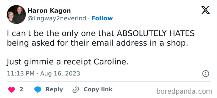 Tweet about hating to give email addresses in shops, highlighting a relatable meme for meme lovers to laugh at.