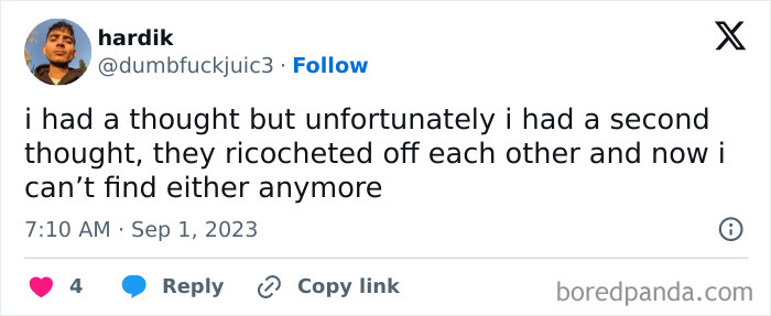 Tweet with a humorous reflection about thoughts, included as part of daily serotonin boost pictures collection.