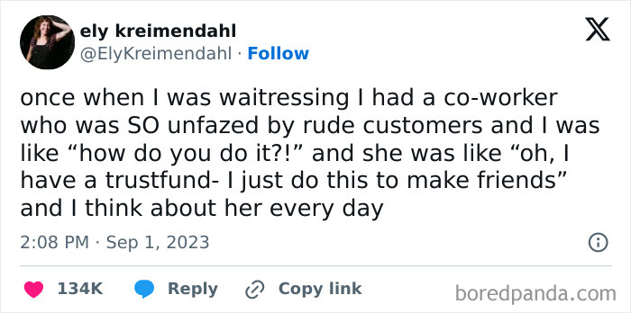 Tweet about a waitress reflecting on a co-worker unfazed by rude customers, featured in really dumb tweets.