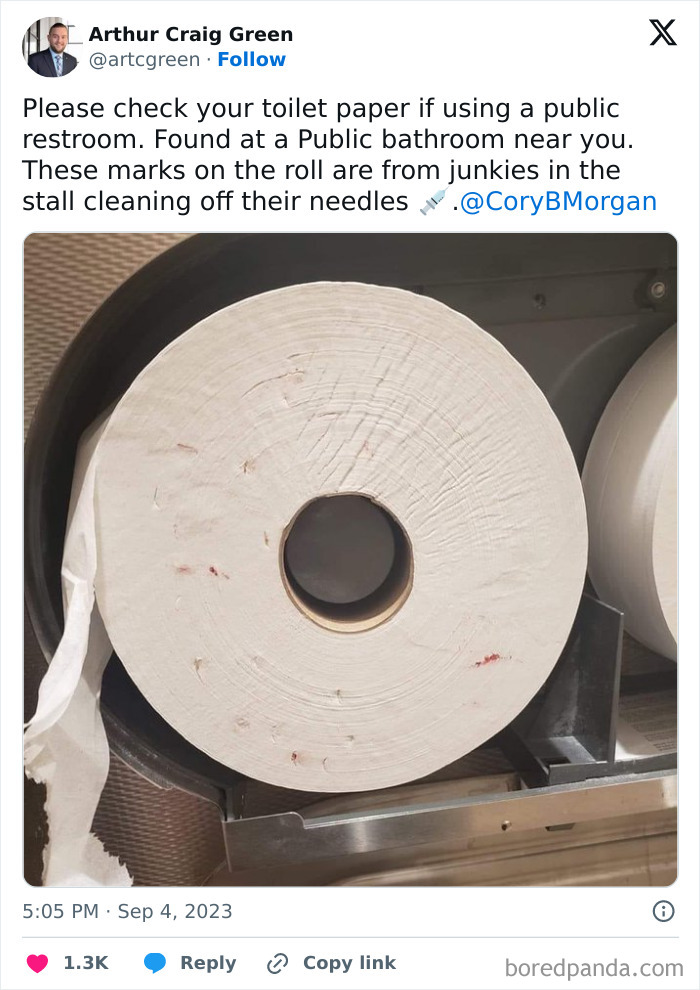 Public bathroom toilet paper roll with disturbing marks revealing hidden danger after doctor&rsquo;s warning about toilet paper risk.