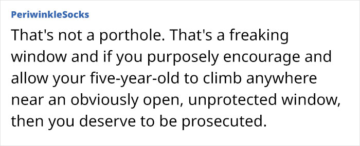 Comment text showing strong opinion on mom's behavior for allowing child to climb near open window on cruise ship.