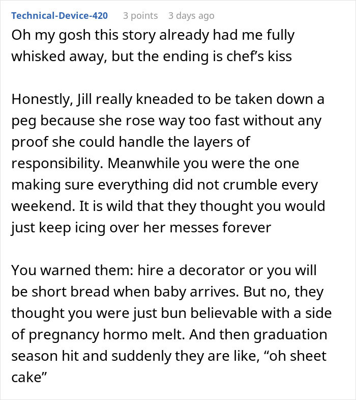 Comment discussing a woman&rsquo;s revenge on a bakery manager with baking and cake decorating wordplay.
