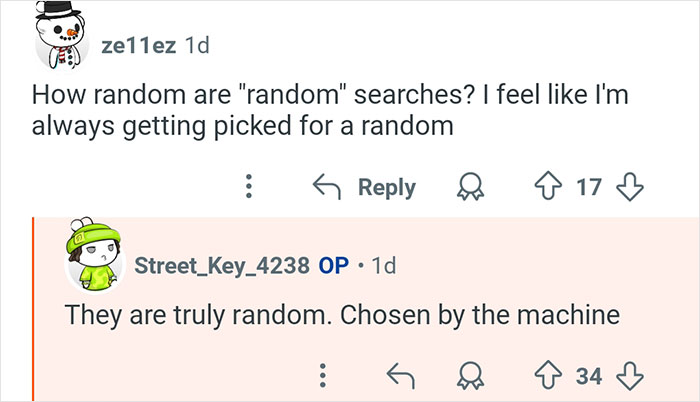 Screenshot of a Reddit discussion about random TSA searches, featuring user comments and replies on selection process.