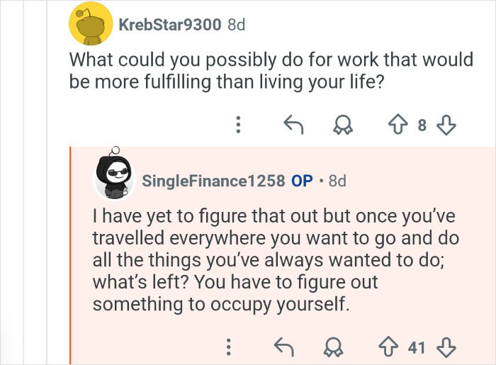 Screenshot of a Reddit conversation discussing life and purpose after winning $7M in the lottery a year later.