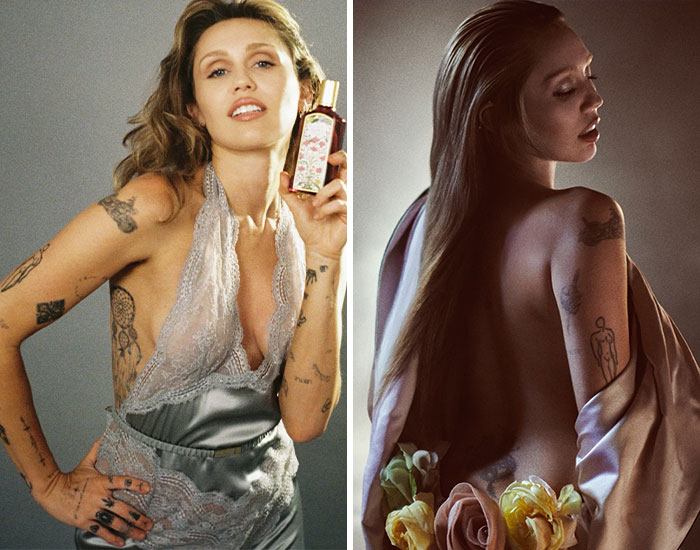 Miley Cyrus showing various tattoos on arms and back in artistic photos emphasizing celebrity tattoos.