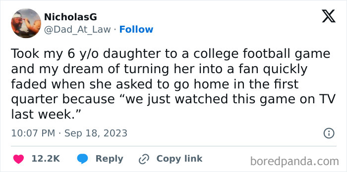 Tweet from a father sharing a humorous moment with his daughter at a college football game for a serotonin boost.