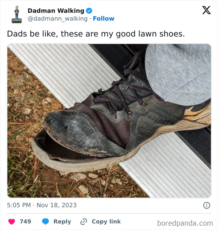Worn-out dads' shoes showing humor from parents who barely made it through October on X social media.