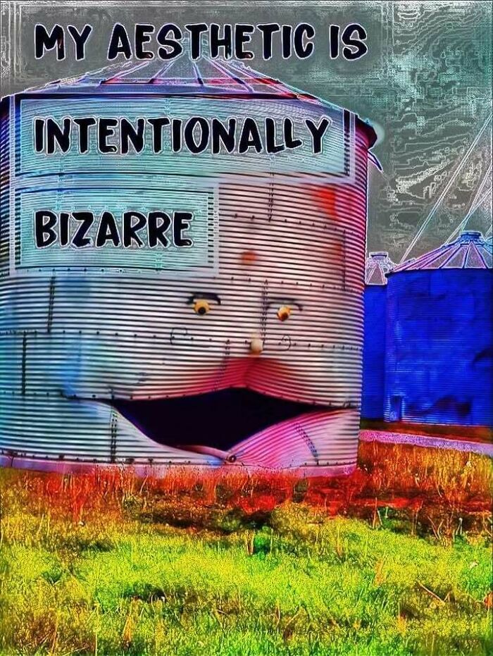 Grain silo with a distorted face and text about bizarre aesthetic, one of the confusing images where things only get weirder.