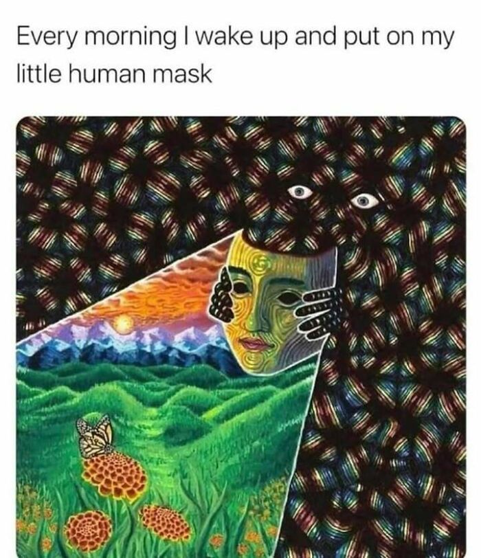 Surreal artwork showing a figure putting on a human mask, blending nature and abstract patterns in a confusing image.