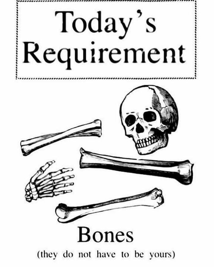 Black and white illustration showing human bones and skull with caption about today's requirement and bones.