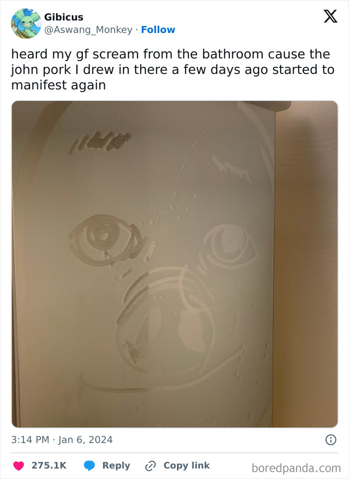 Funny tweet showing a fogged mirror drawing of a dog's face, illustrating hilarious tweets people couldn’t help but share.