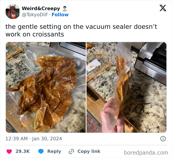 Tweet showing vacuum sealed croissants that got crushed, illustrating a hilarious moment shared on social media.