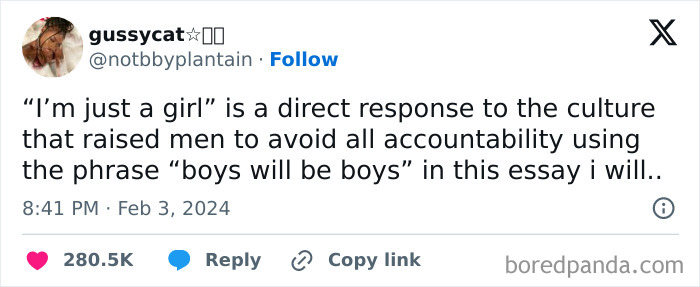 Tweet discussing the phrase boys will be boys and holding men accountable, shared on Fight The Patriarchy page.